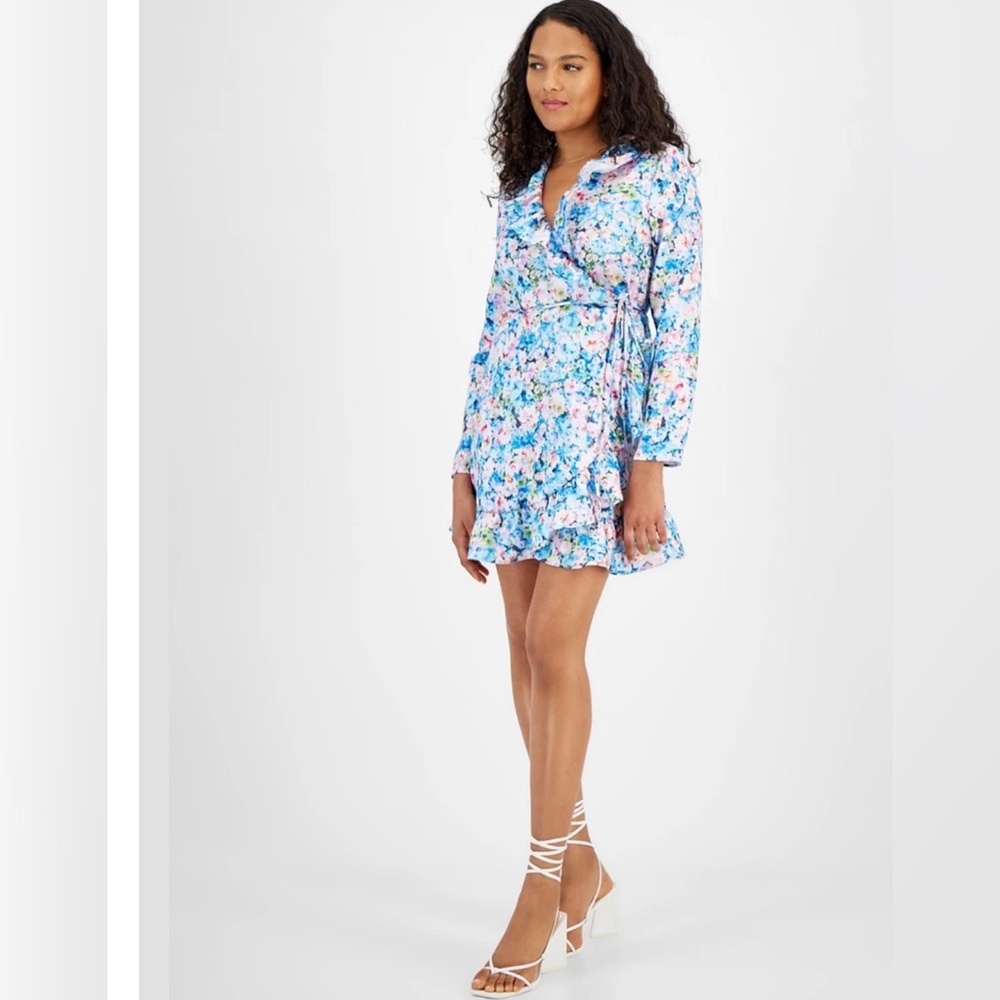 BAR III Petite Floral-Print Ruffled Tie-Waist Satin Wrap Dress Size MP - Picture 4 of 12